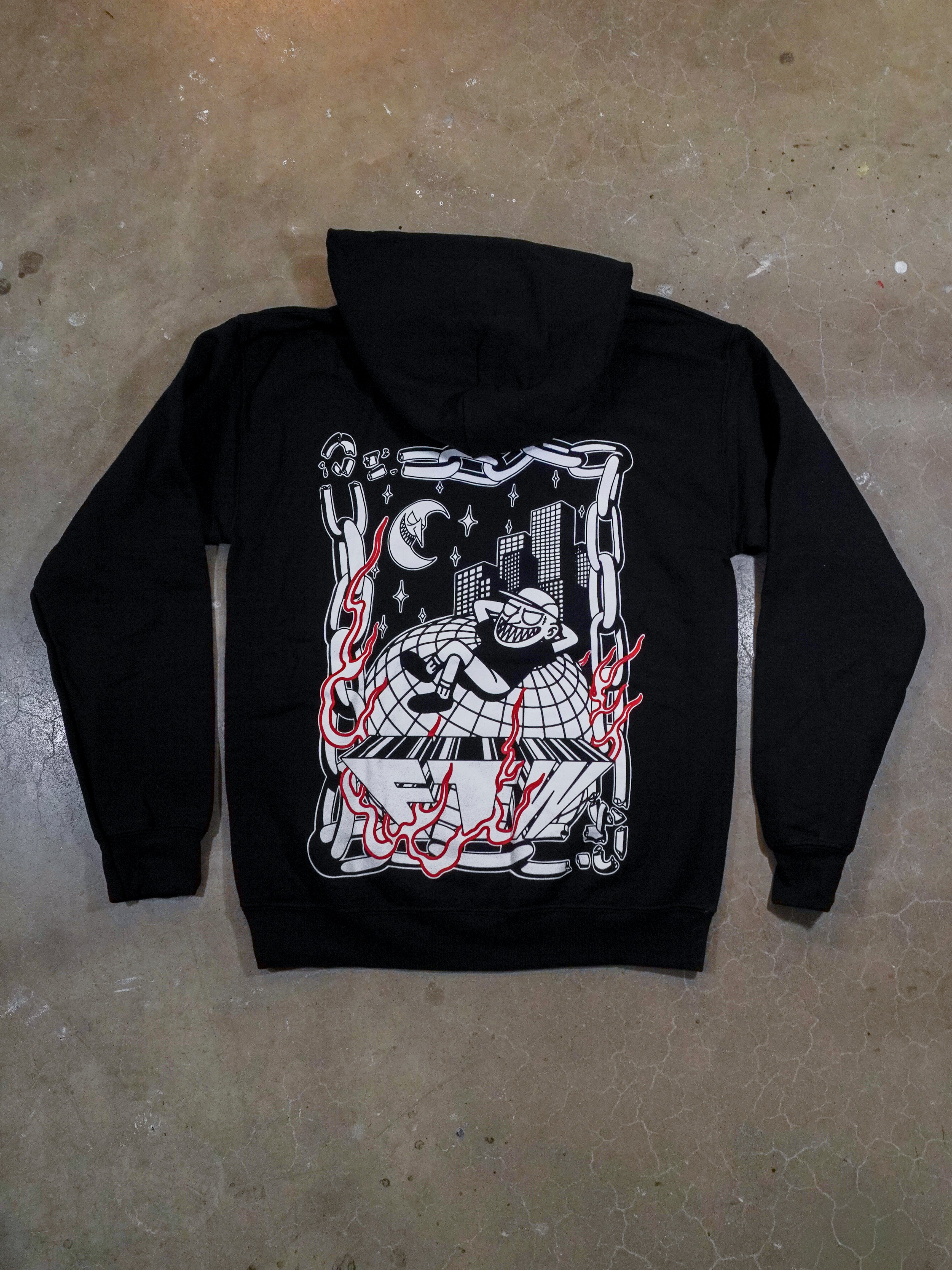Schwarzer TiPTOE Hoodie im Flatlay mit großem illustrativem Backprint
