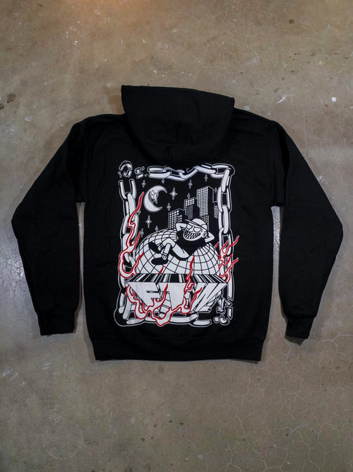 Schwarzer TiPTOE Hoodie im Flatlay mit großem illustrativem Backprint