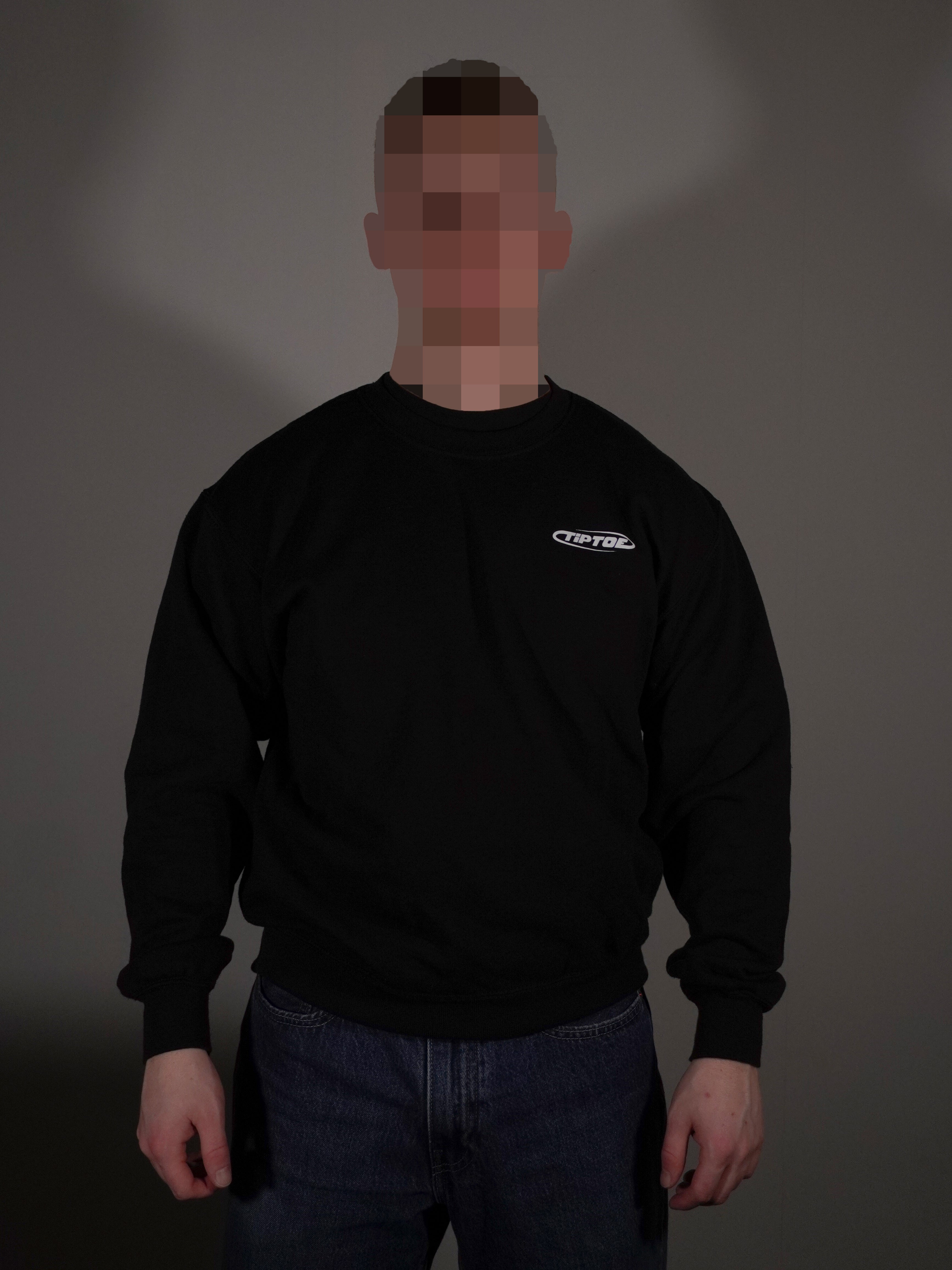 Schwarzer Sweater mit kleinem Frontlogo getragen von Model in klassischer Passform